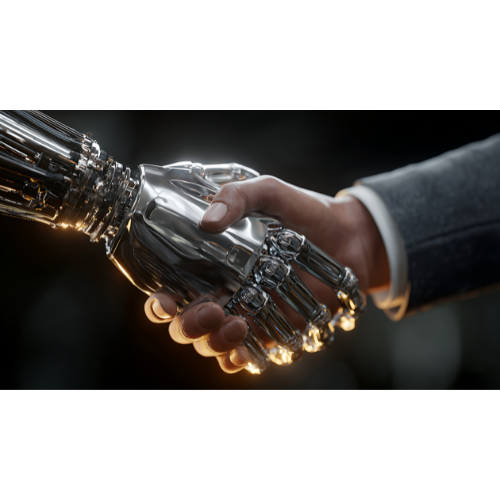 human hand shaking hands with AI hand