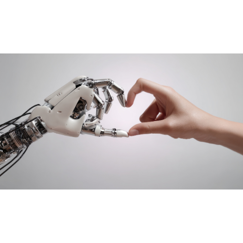 Human hand and AI hand making a heart shape